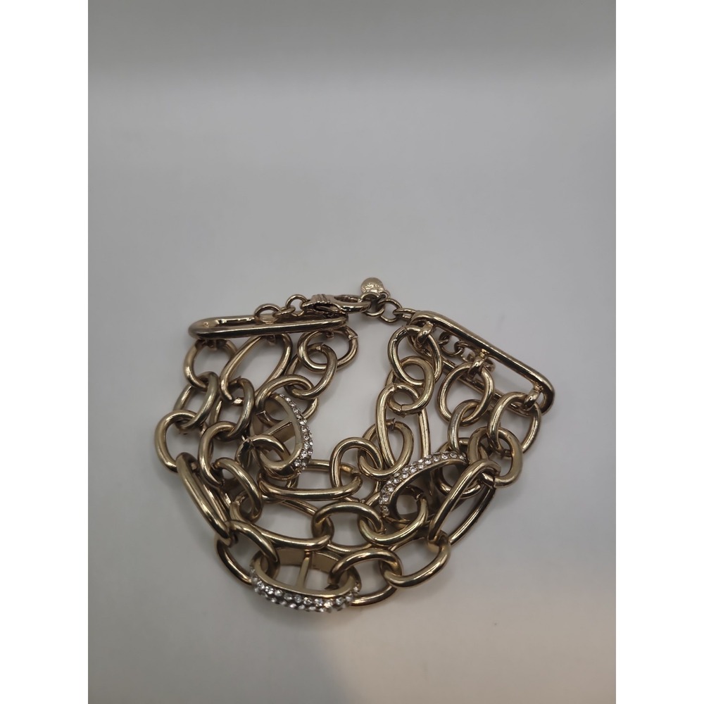 Gold Tone Chunky Multi Strand Chain Link Necklace Clear Rhinestone Statement